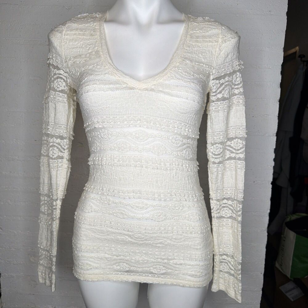 Express Long-Sleeve Sheer Lace Layering Tunic Cream Y2K Boho Fairy Coquette